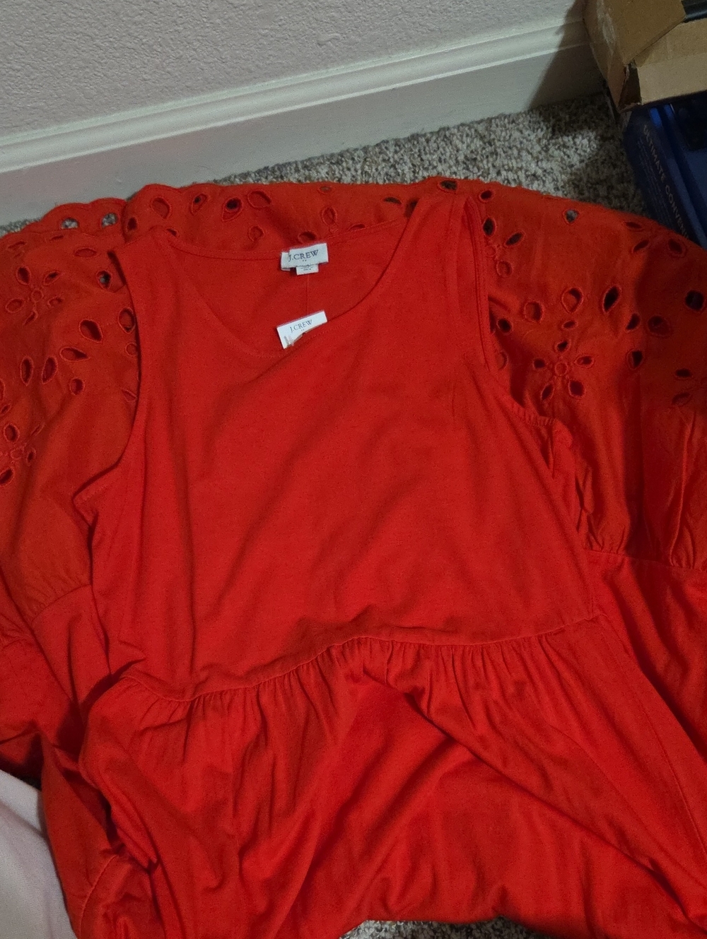 J. Crew Bright Red Eyelet Sleeve Cotton Tunic